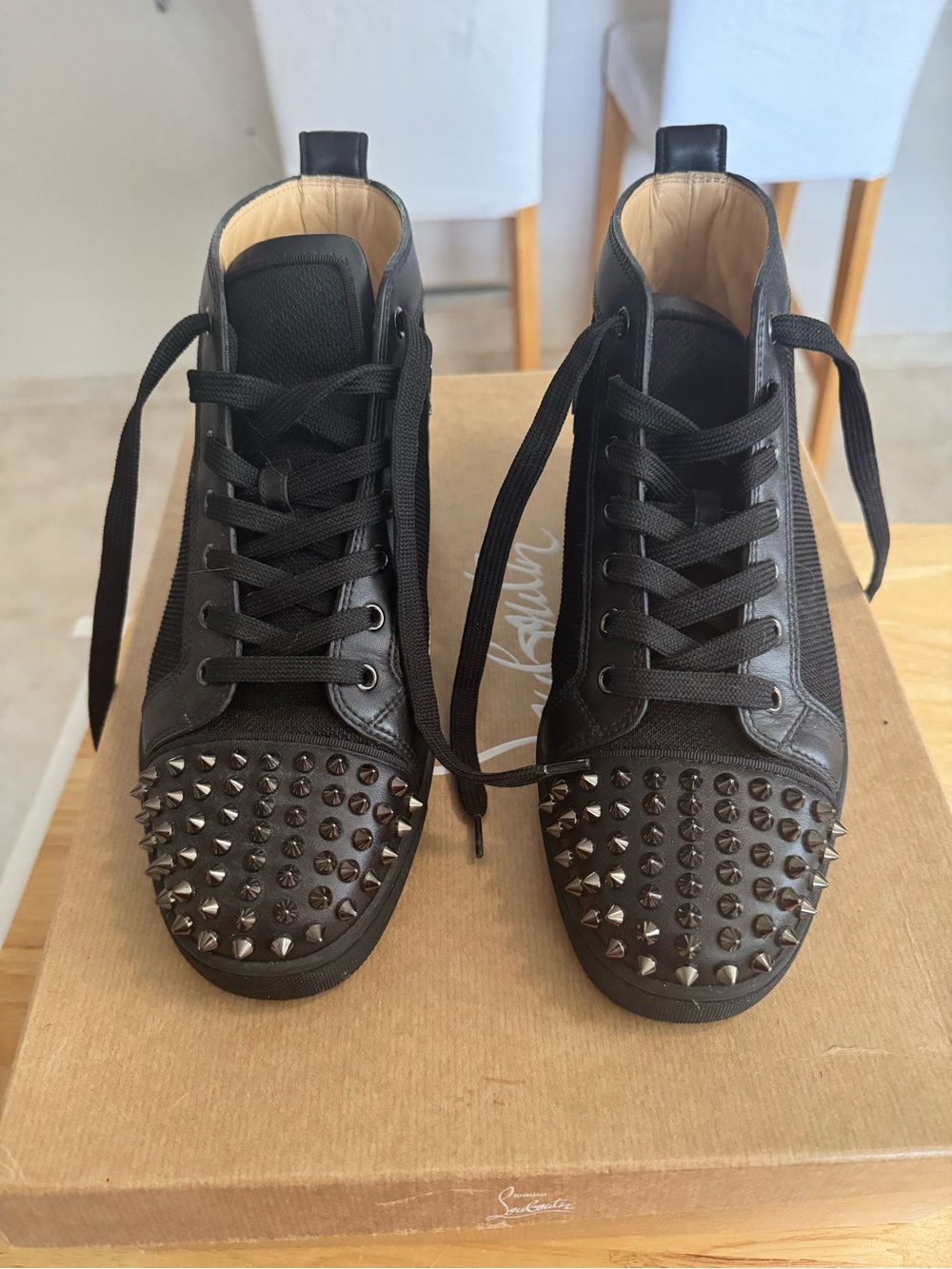 Christian Louboutin Lou Spikes 2 Flat Black Reflex Tissu High Top Sneaker